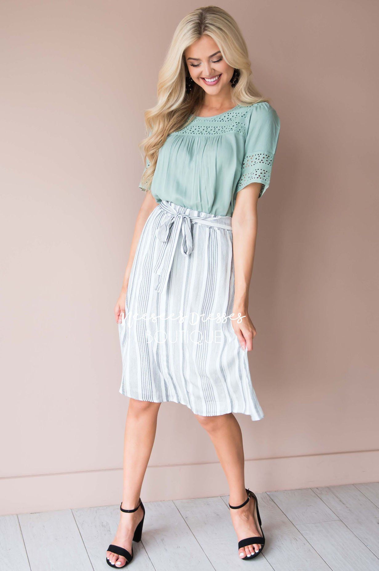 Striped Tie Front Skirt Modest Dresses vendor-unknown