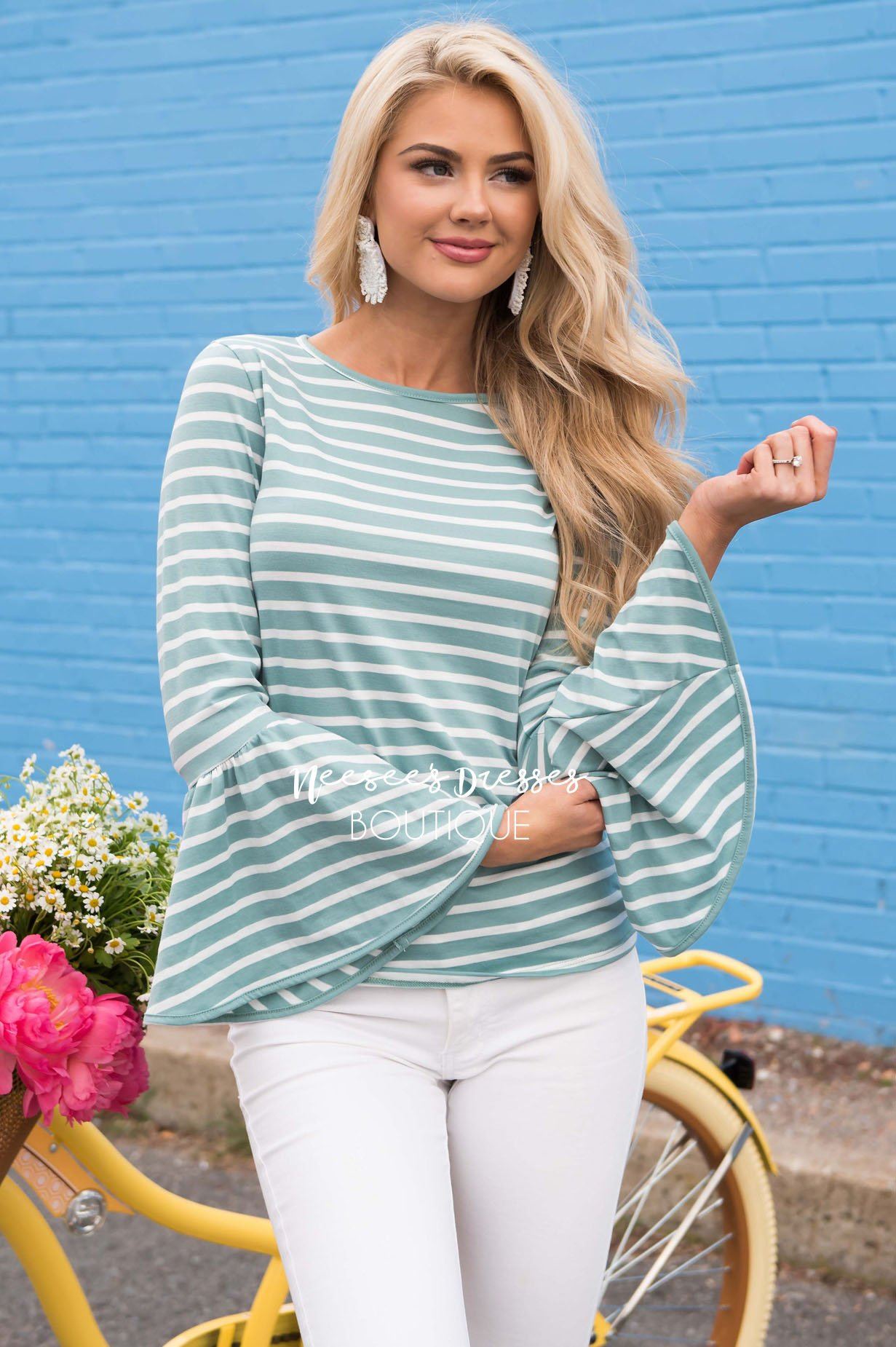Candy Shop Striped Bell Sleeve Top Modest Dresses vendor-unknown