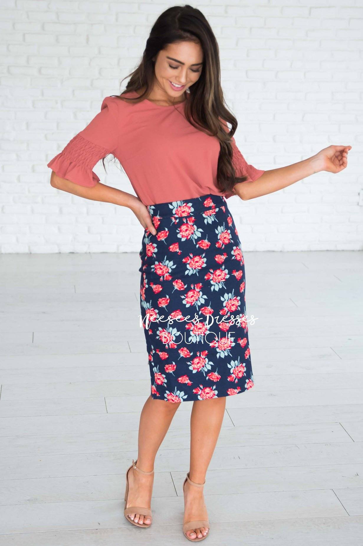 Secret Garden Textured Pencil Skirt Modest Dresses vendor-unknown