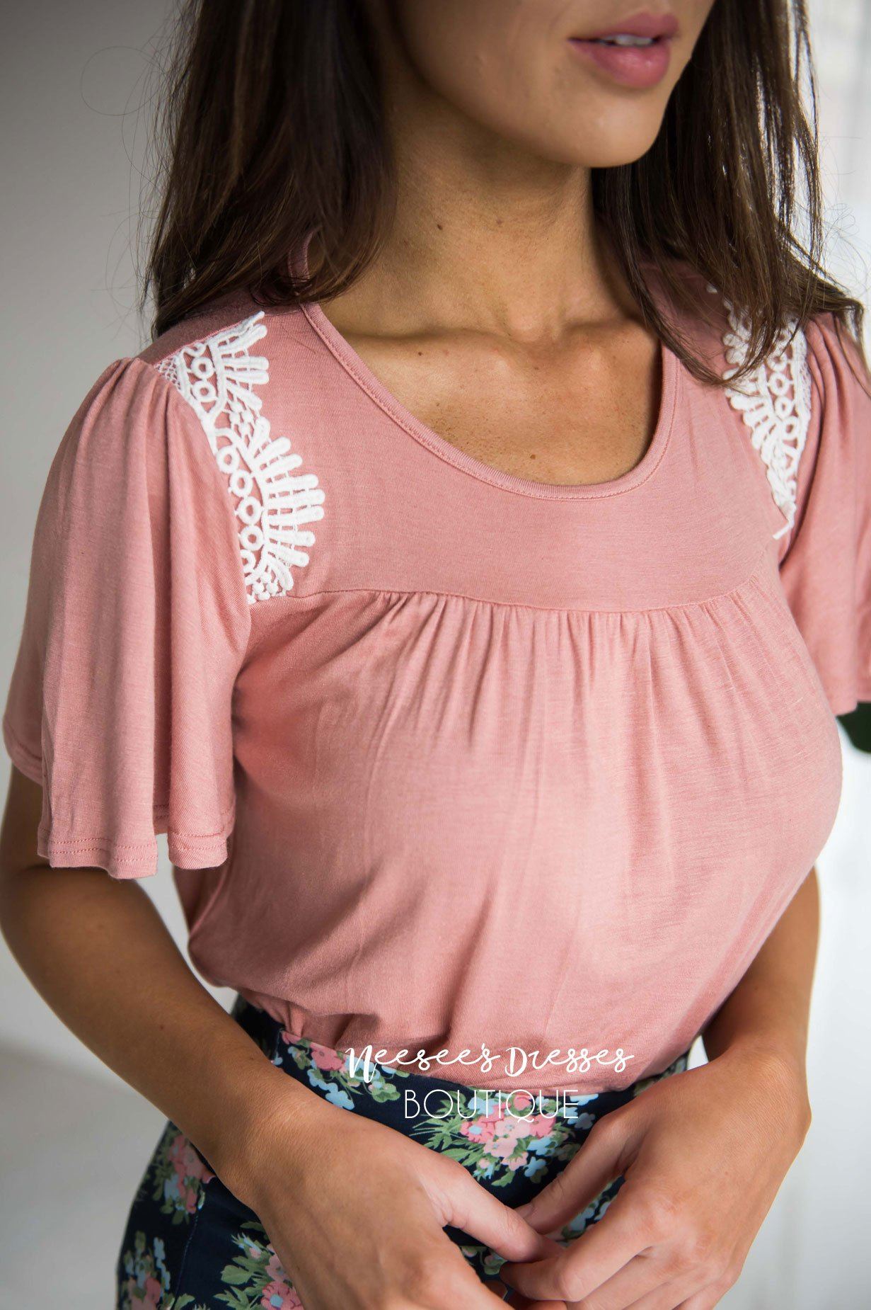 Flutter Sleeve Applique Detail Blouse Modest Dresses vendor-unknown