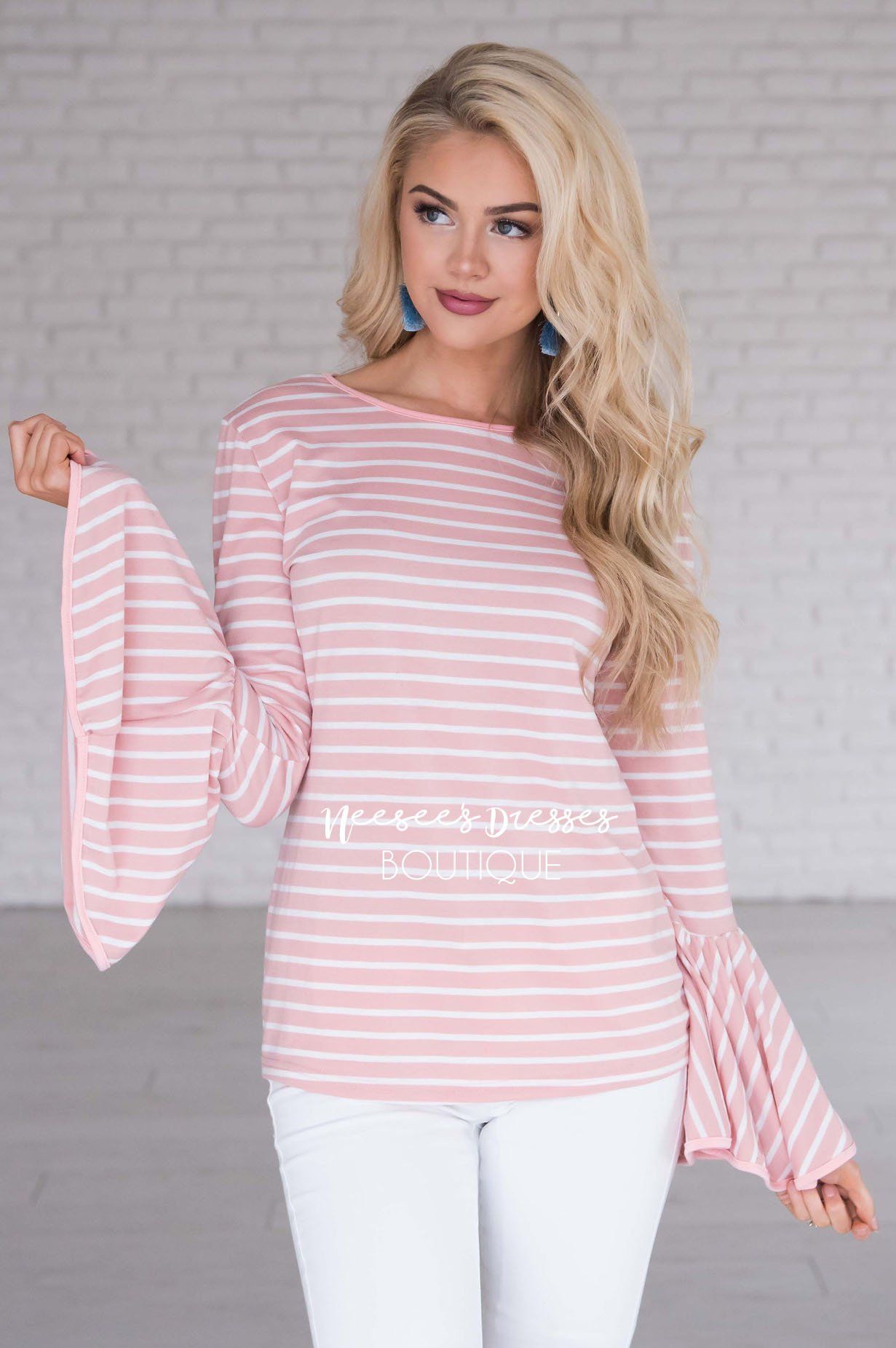 Candy Shop Striped Bell Sleeve Top Modest Dresses vendor-unknown