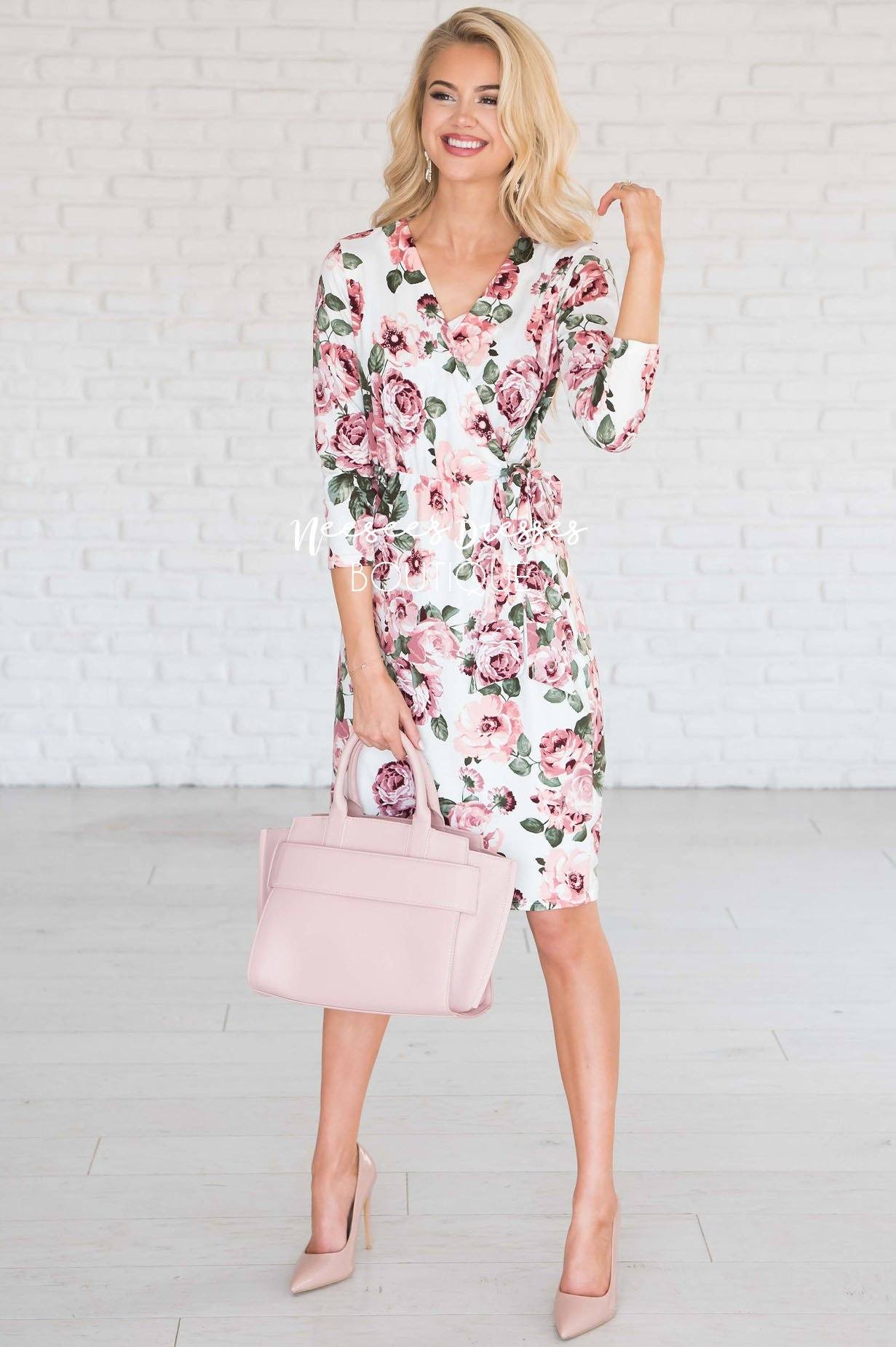 Pink Floral Wrap Modest Dresses vendor-unknown