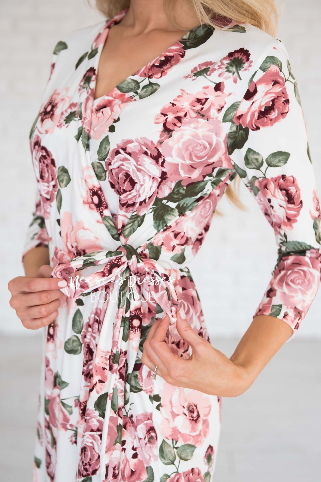 Pink Floral Wrap Modest Dresses vendor-unknown