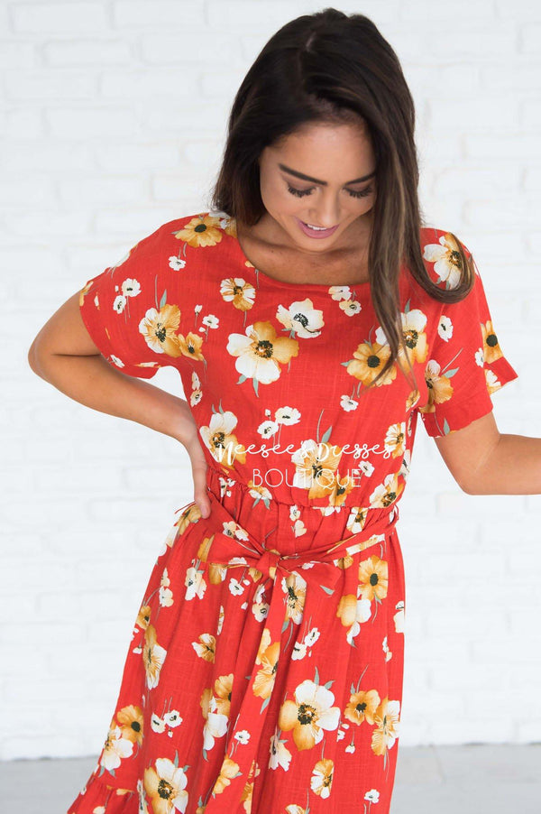 Red Yellow Floral Modest Dress Cute Modest Dresses NeeSee's Dresses