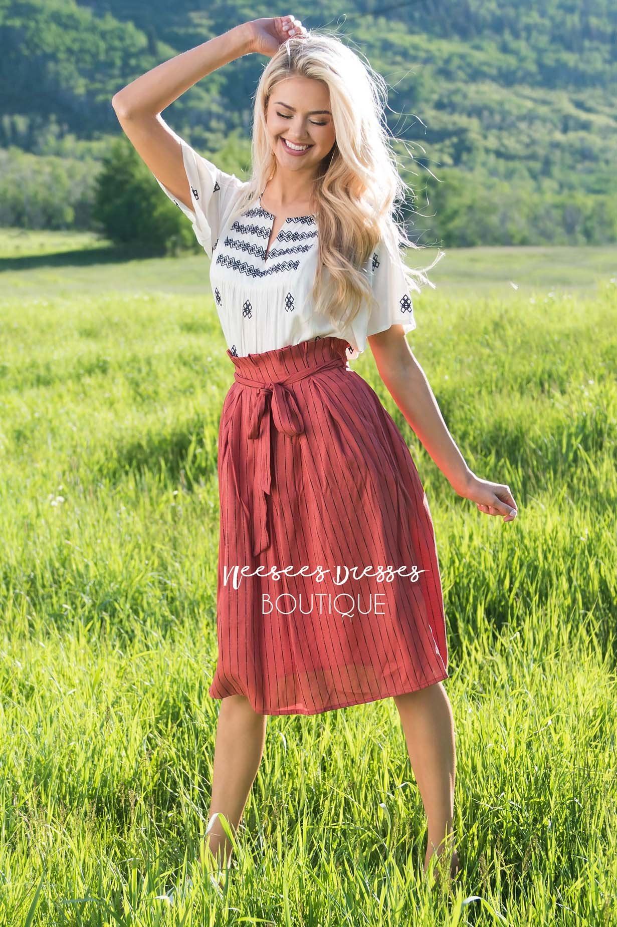 Hello Summer Striped Tie Waist Skirt Modest Dresses vendor-unknown