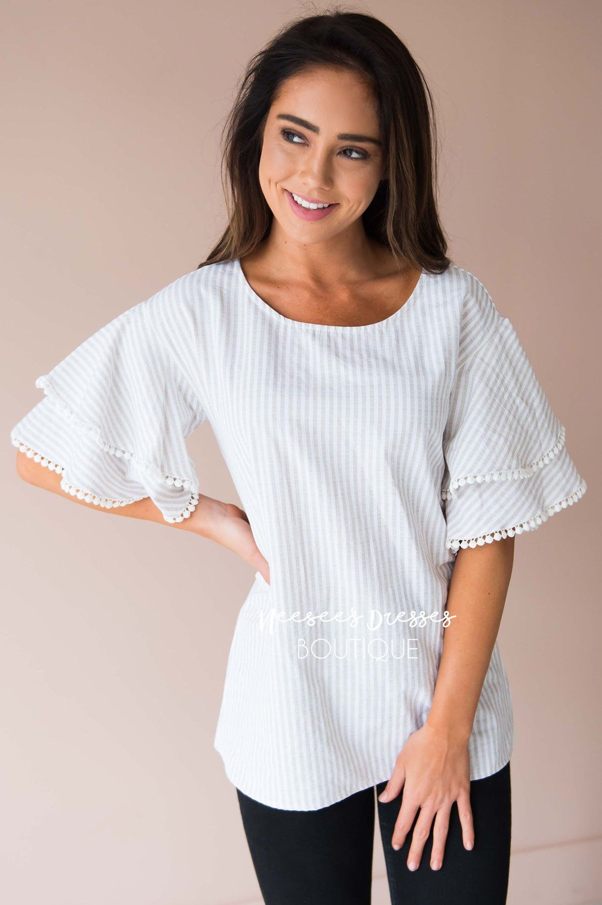 Wish You Were Here Pom Sleeve Top Modest Dresses vendor-unknown