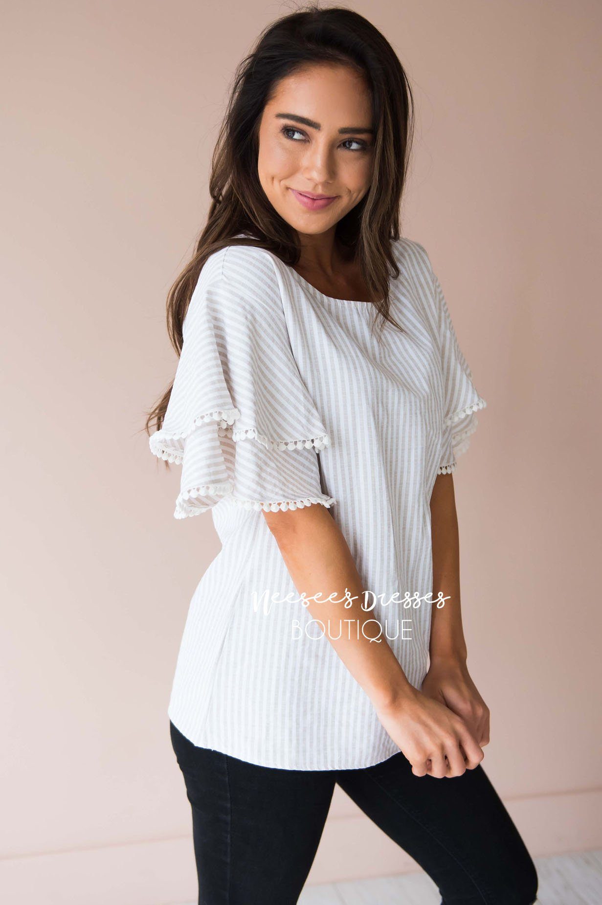 Wish You Were Here Pom Sleeve Top Modest Dresses vendor-unknown