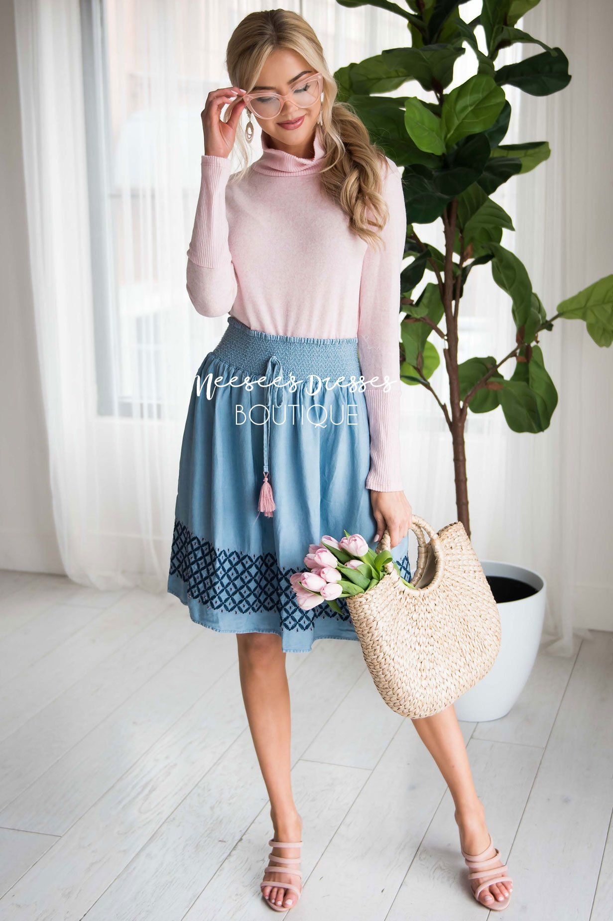 Chambray Smockwaist Tassel Skirt Skirts vendor-unknown