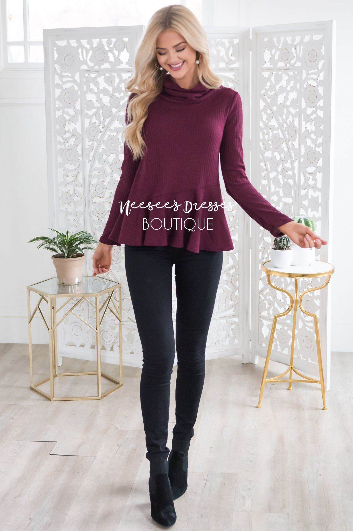 Winter Wishes Cowl Neck Peplum Top Modest Dresses vendor-unknown
