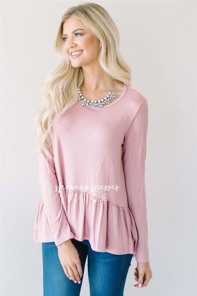 Peplum Ruffle Long Sleeve Top Tops vendor-unknown Peplum Ruffle Long Sleeve Top - Pink - S