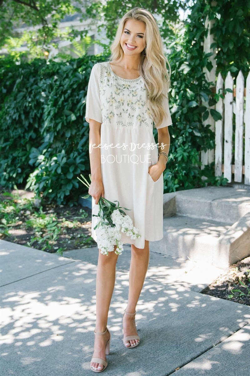 The Cheryl Modest Dresses vendor-unknown S Cream with Yellow & Sage Floral Embroidery