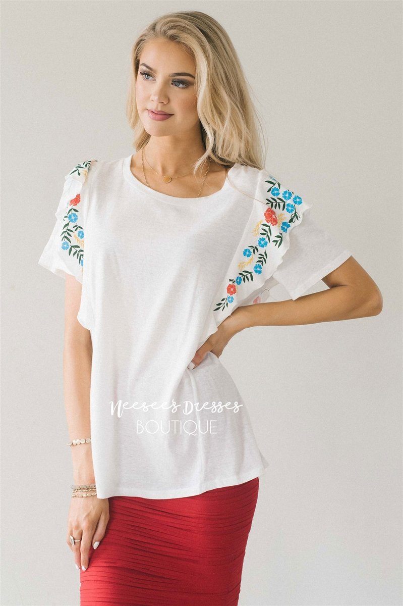 Cute Embroidered Ruffle Sleeve Top Tops vendor-unknown S White