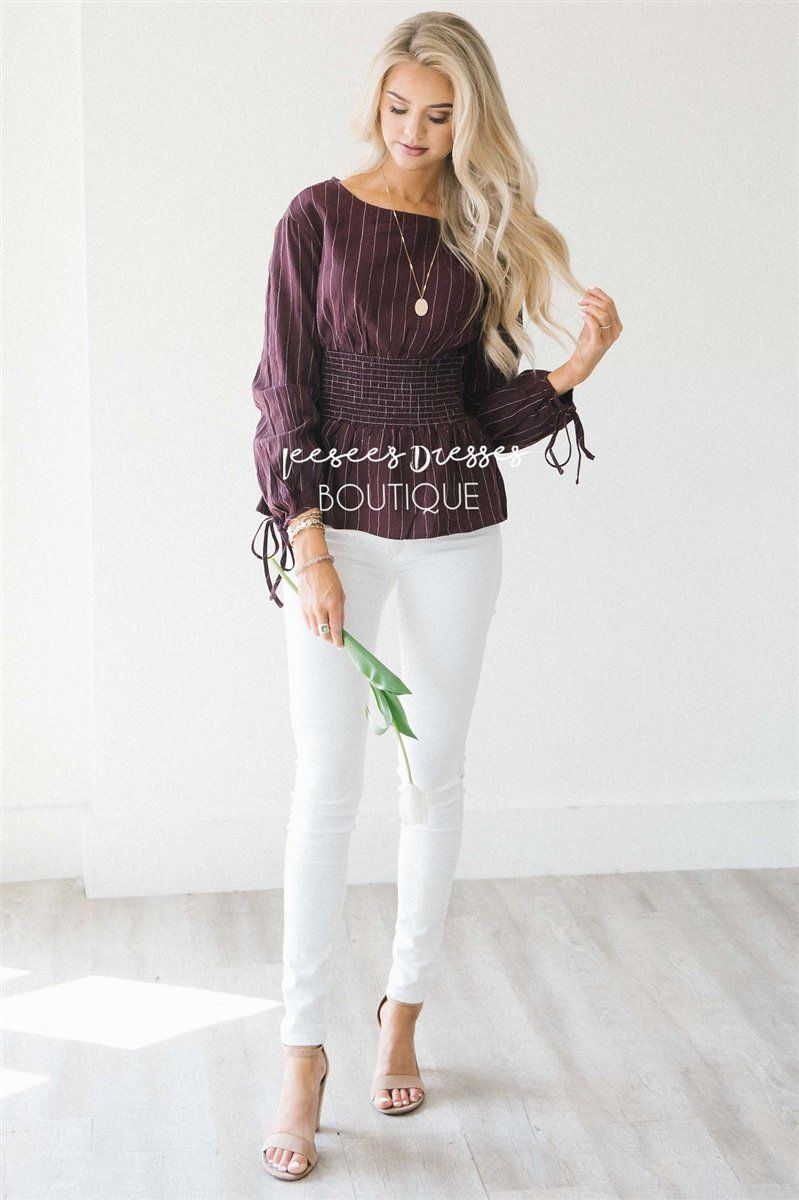 Pinstripe Cinched Waist Tie Sleeve Top Tops vendor-unknown