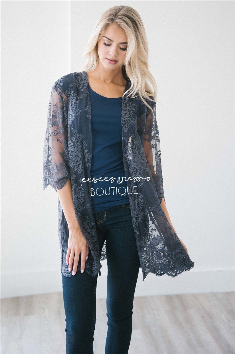 Charcoal Floral Lace Kimono Tops vendor-unknown Charcoal S