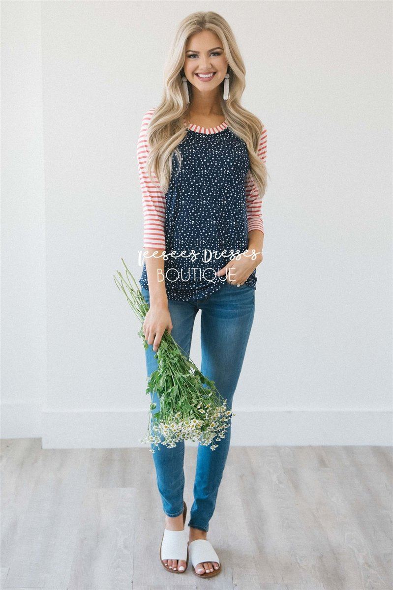 Twinkle Star Striped Baseball Sleeve Top Tops vendor-unknown