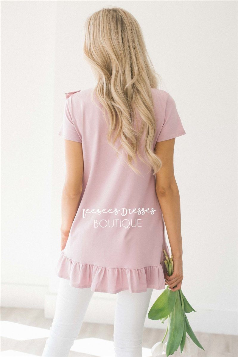 Asymmetric Ruffle Hem Tunic Tops vendor-unknown