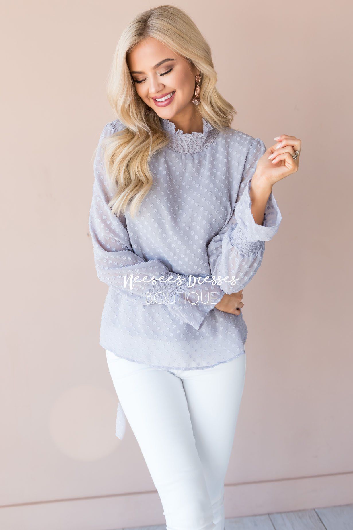 Admired Swiss Dot Modest Blouse Tops vendor-unknown