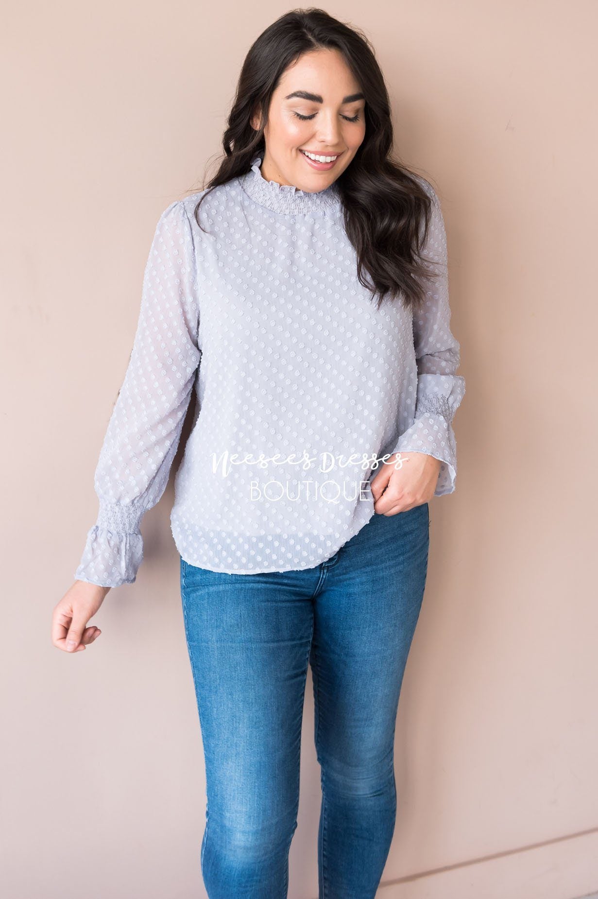 Admired Swiss Dot Modest Blouse Tops vendor-unknown