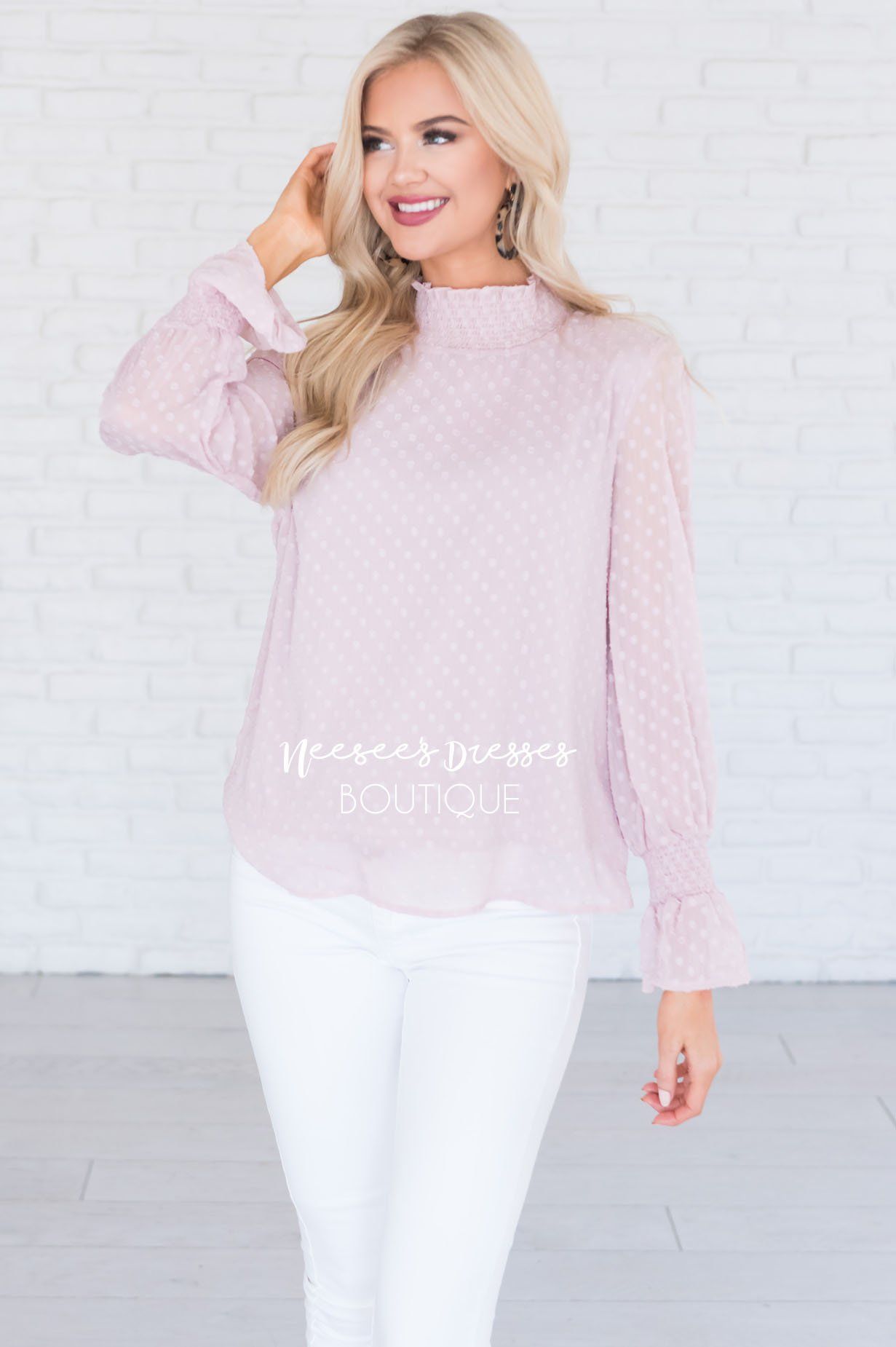 Admired Swiss Dot Modest Blouse Tops vendor-unknown