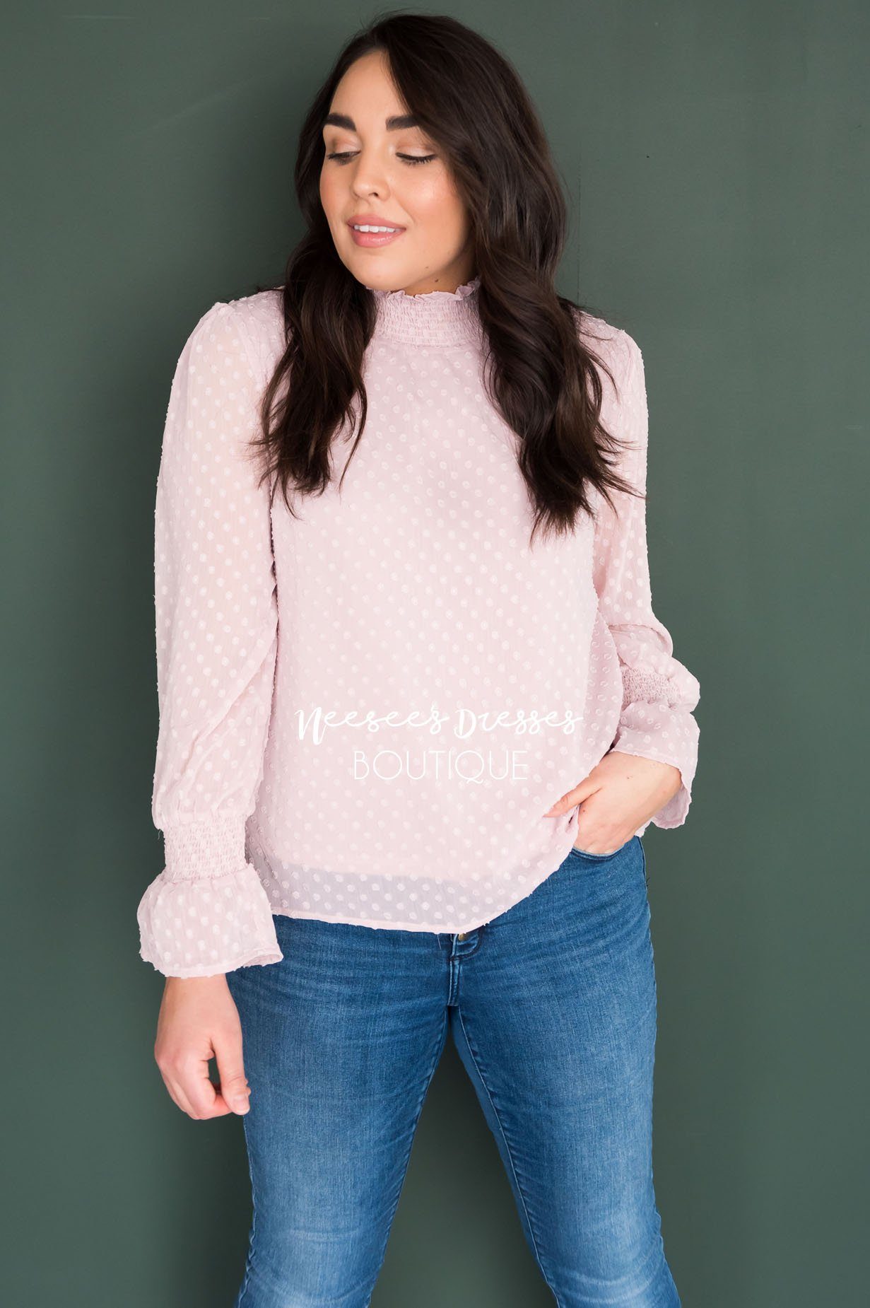 Admired Swiss Dot Modest Blouse Tops vendor-unknown