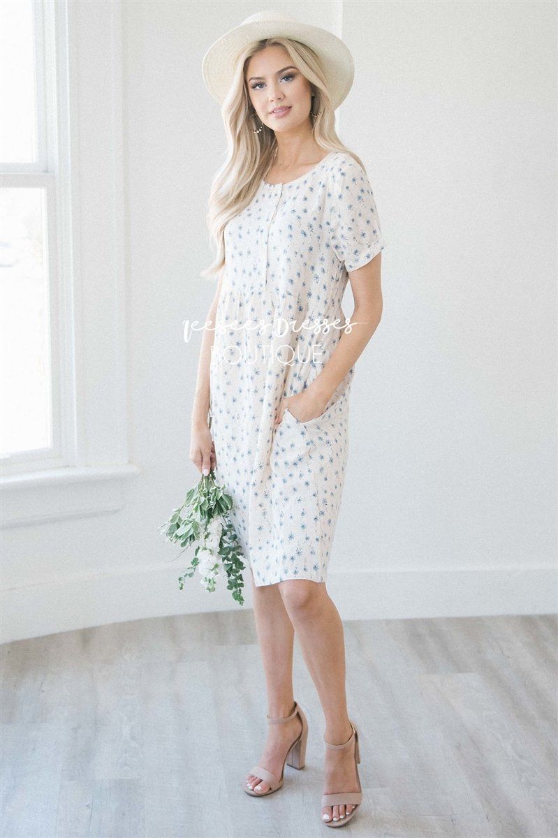The Daisy Modest Dresses vendor-unknown S Cream with Mini Blue Floral