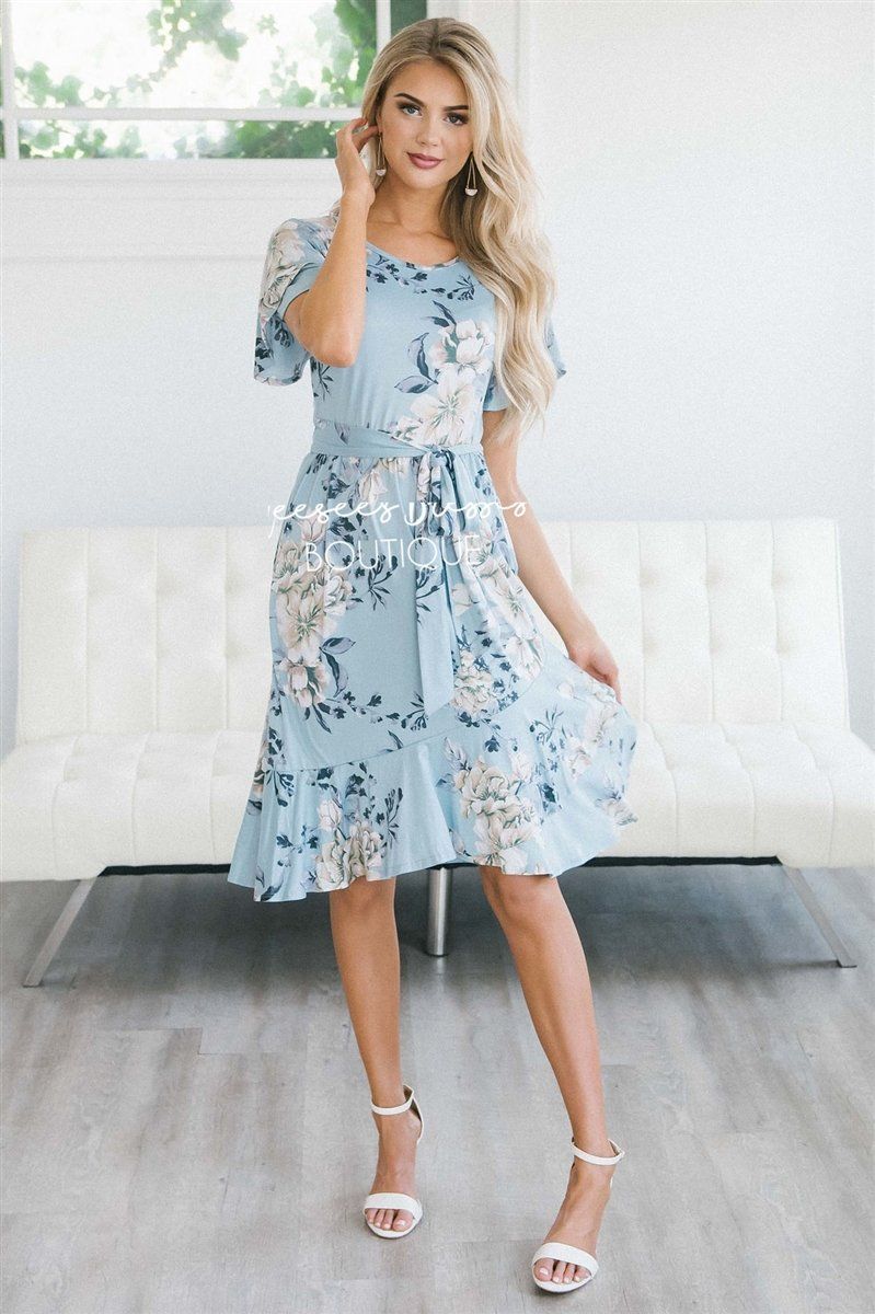 The Joan Modest Dresses vendor-unknown Pastel Blue Floral S