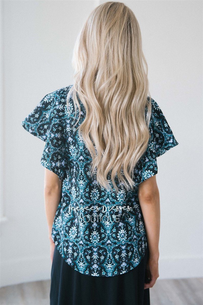 Floral Geo Print Ruffle Sleeve Blouse Tops vendor-unknown