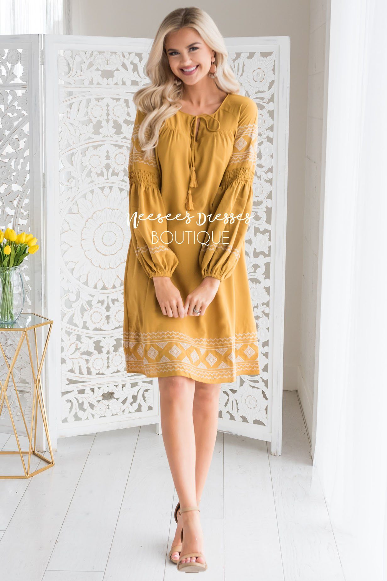 The Allie Boho Embroidered Dress Modest Dresses vendor-unknown