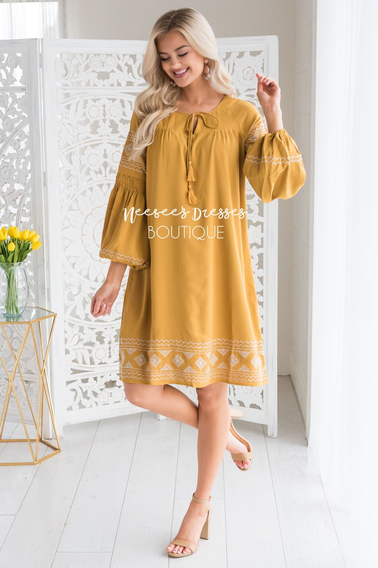 The Allie Boho Embroidered Dress Modest Dresses vendor-unknown