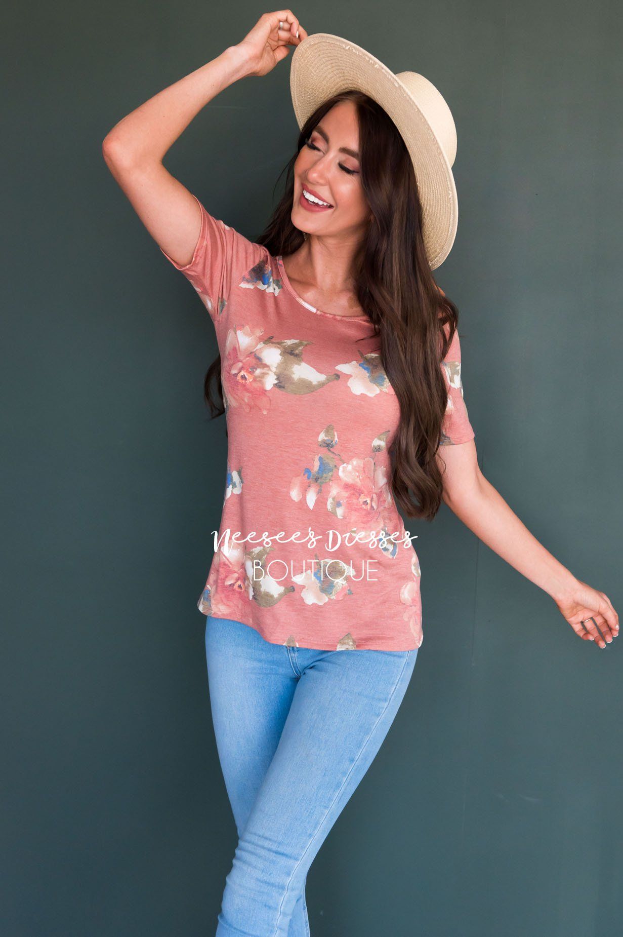 Floral Scoop Neck Tee Tops vendor-unknown