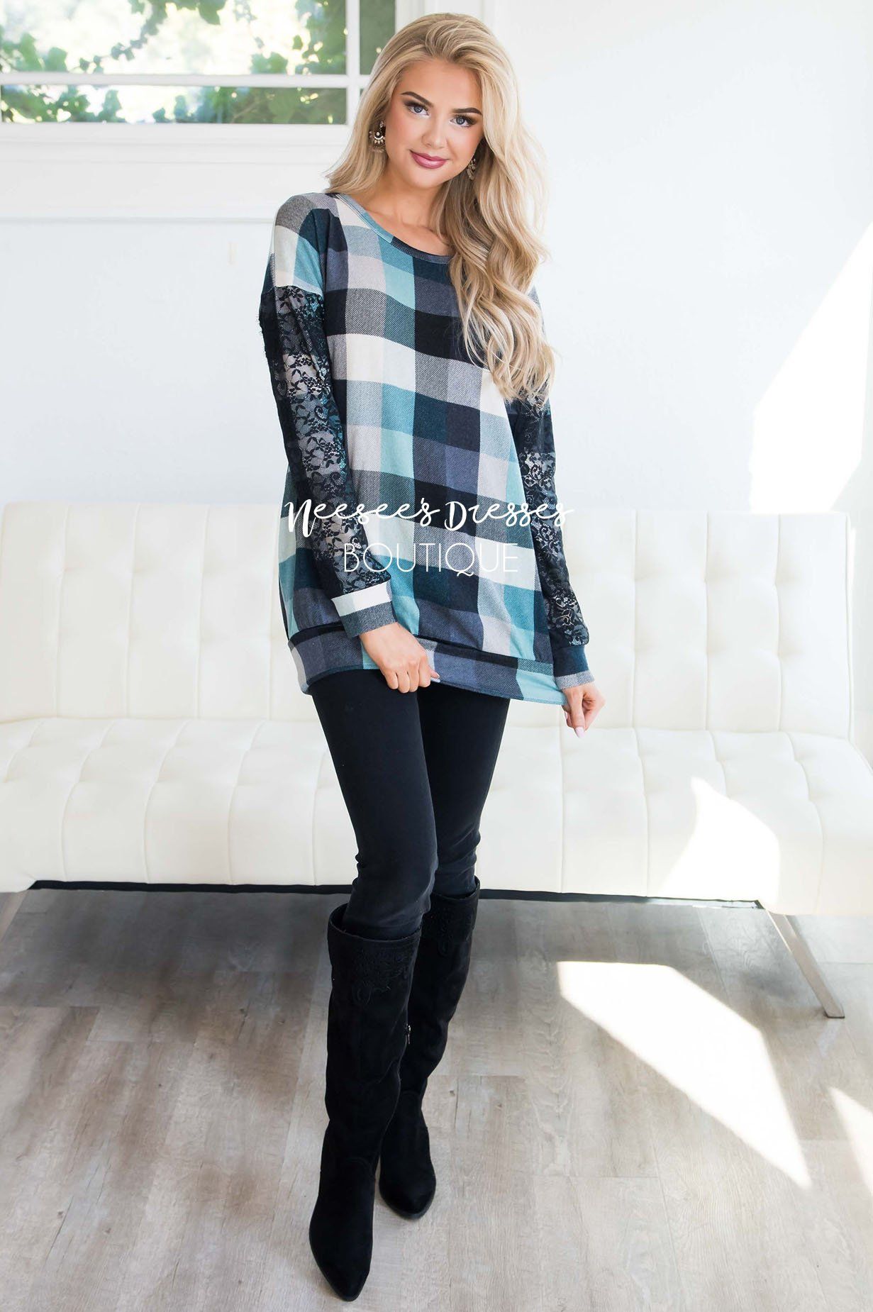 Aqua & Black Plaid Lace Sleeve Sweater Tops vendor-unknown