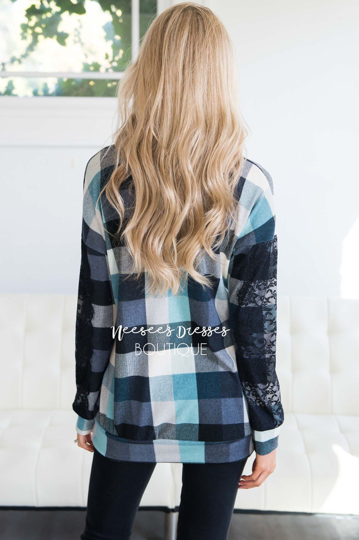 Aqua & Black Plaid Lace Sleeve Sweater Tops vendor-unknown