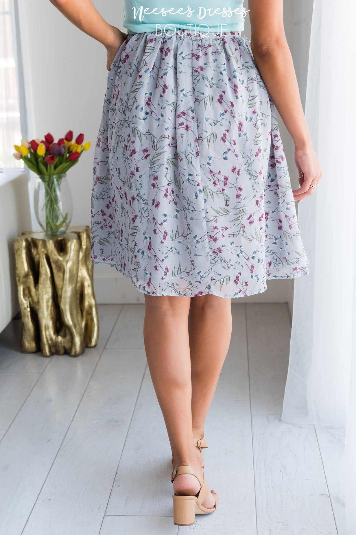 Shimmery Gray & Dusty Plum Floral Pocket Skirt Skirts vendor-unknown