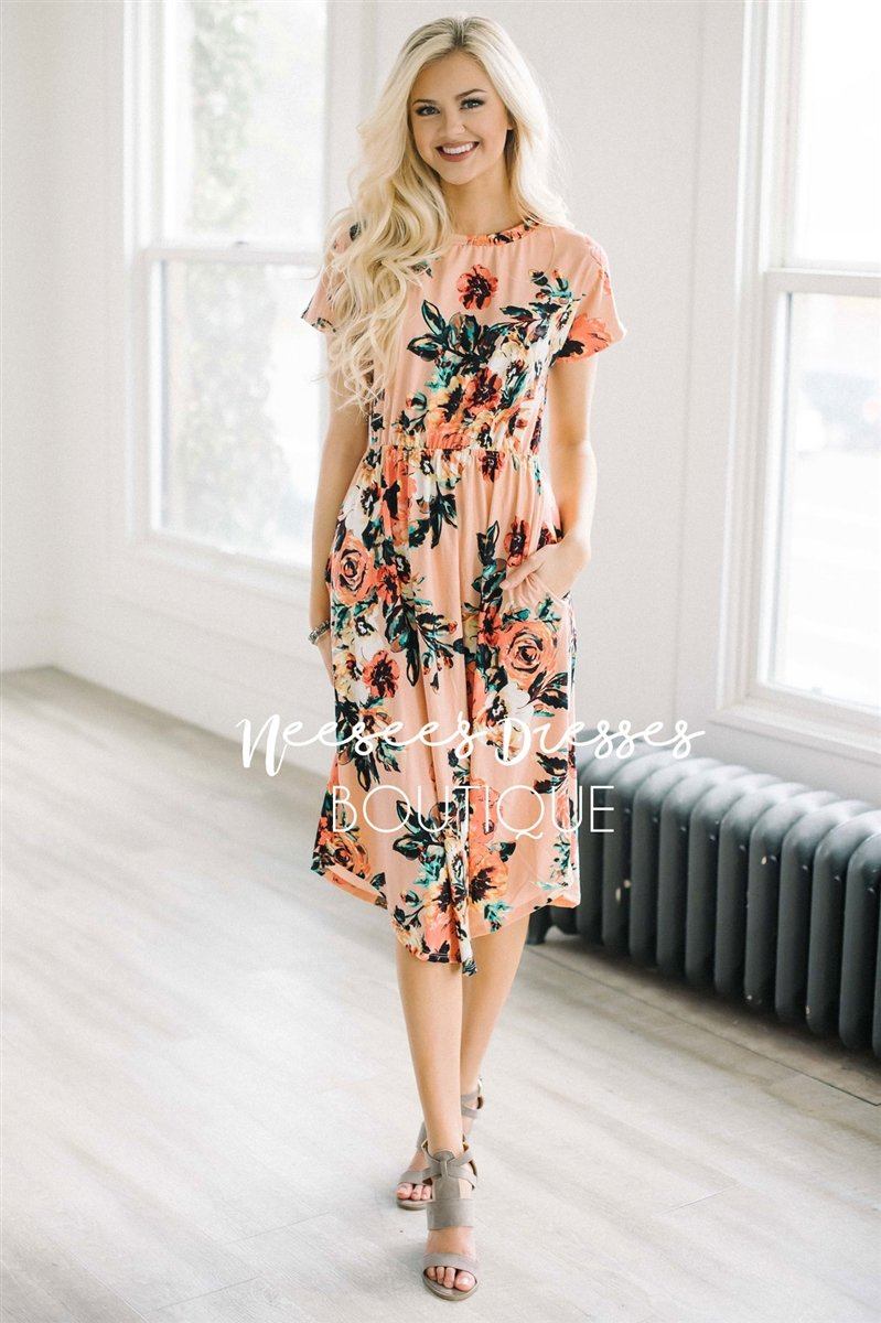 Peach Watercolor Short Sleeve Dress Modest Dresses vendor-unknown Peach S