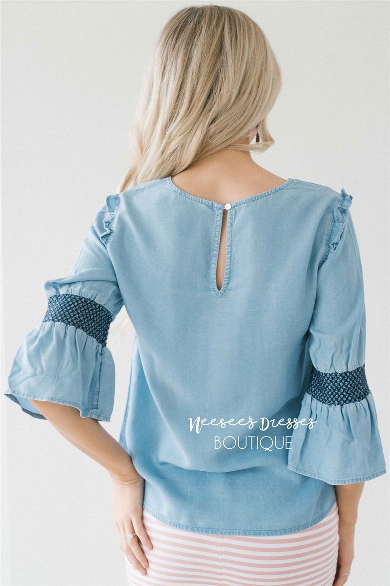 Light Blue Chambray Bell Sleeve Top Tops vendor-unknown
