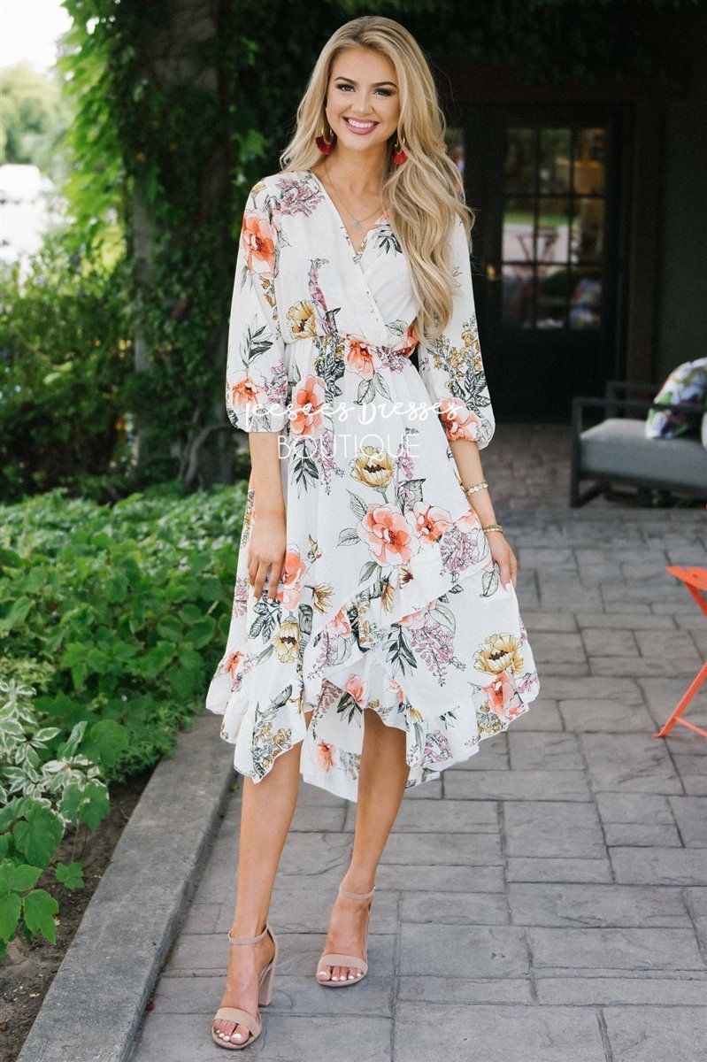 The Nalia Modest Dresses vendor-unknown Ivory with Faded Coral Orange, Mauve & Gold Floral S