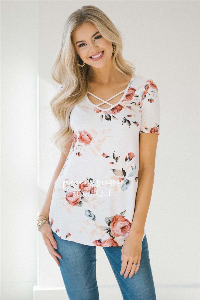Ivory & Soft Mauve Cross Over Top Tops vendor-unknown S Ivory & Soft Mauve Floral