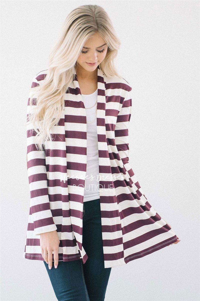 Burgundy Stripe Elbow Patch Cardigan Tops vendor-unknown Burgundy S