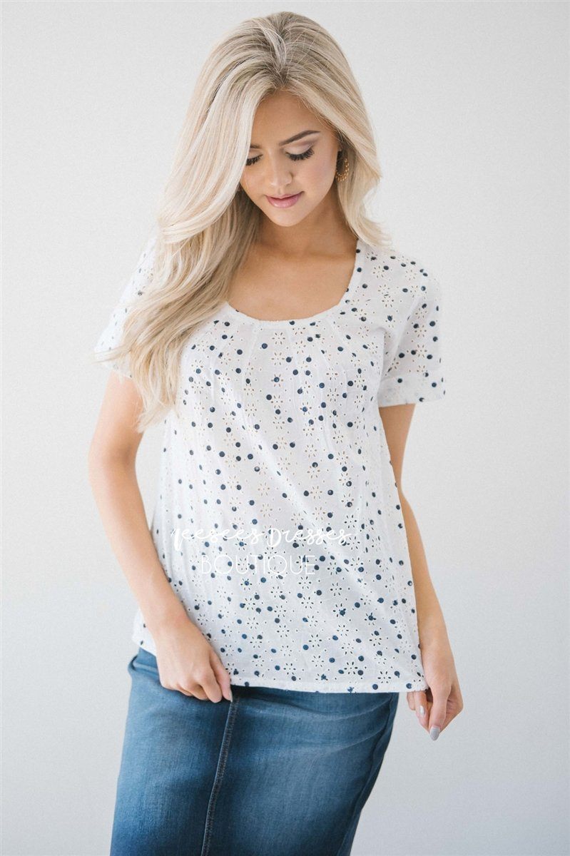 Eyelet Polka Dot Blouse Tops vendor-unknown Navy Polka Dot XS