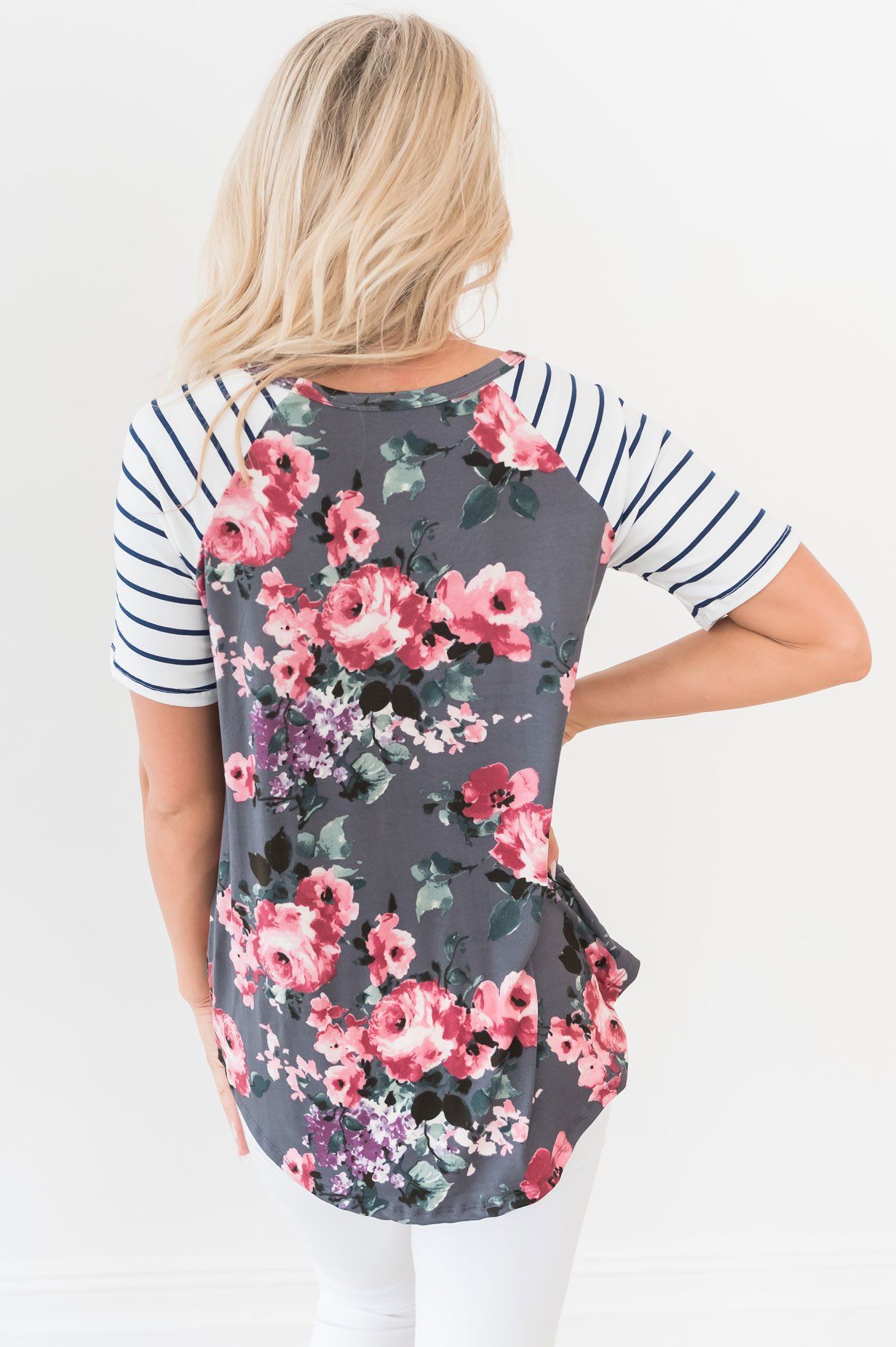 Floral & Stripes Baseball Sleeve Top Modest Dresses vendor-unknown