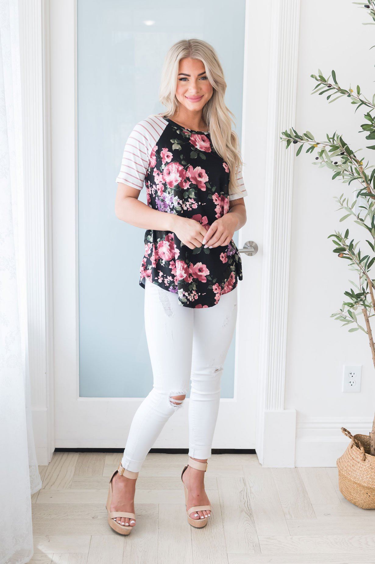 Floral & Stripes Baseball Sleeve Top Modest Dresses vendor-unknown