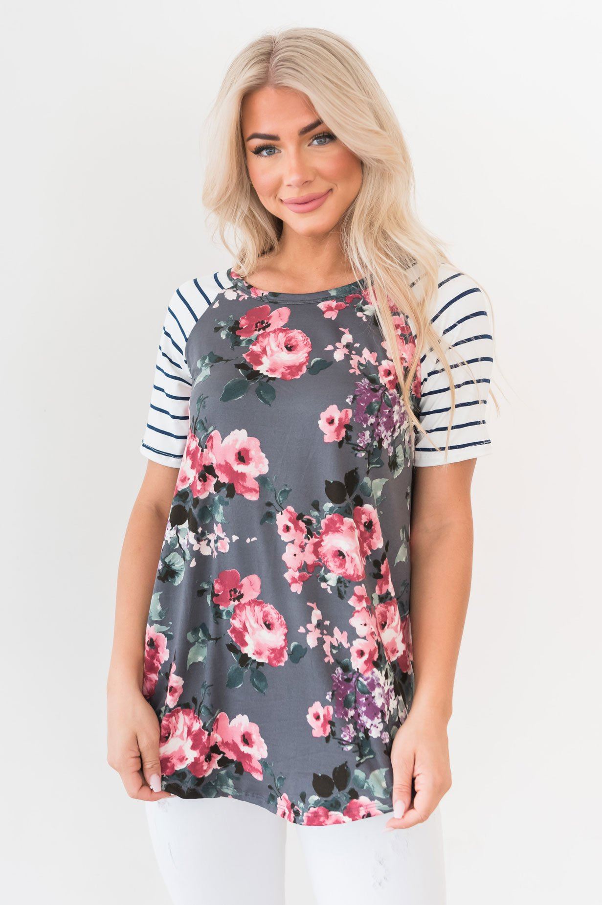 Floral & Stripes Baseball Sleeve Top Modest Dresses vendor-unknown