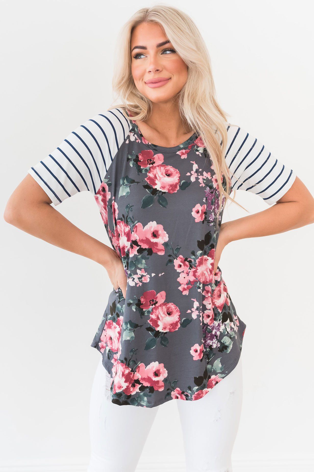 Floral & Stripes Baseball Sleeve Top Modest Dresses vendor-unknown