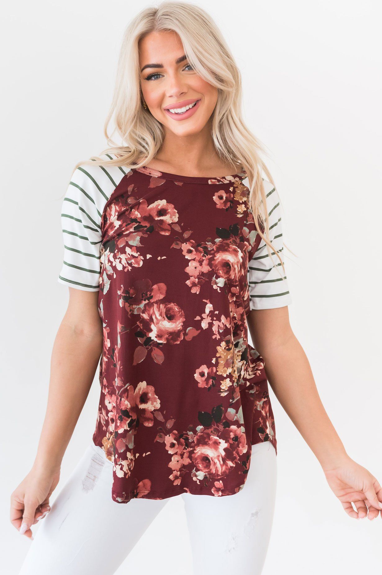 Floral & Stripes Baseball Sleeve Top Modest Dresses vendor-unknown