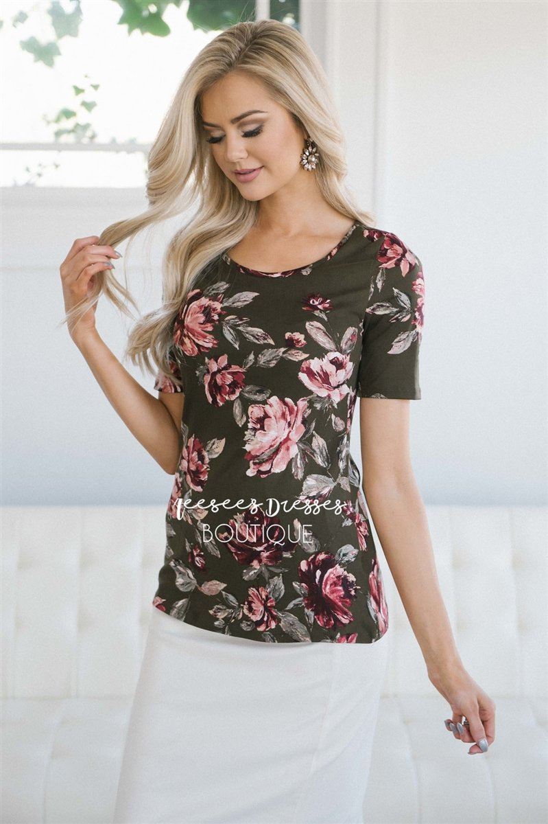 Olive Floral Scoop Neck Top Tops vendor-unknown