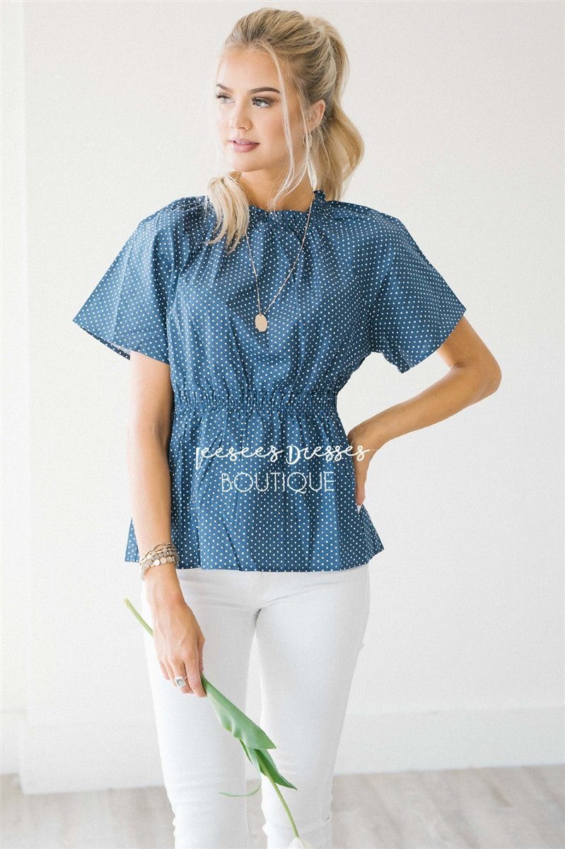 Polka Dot Cinched Peplum Top Tops vendor-unknown