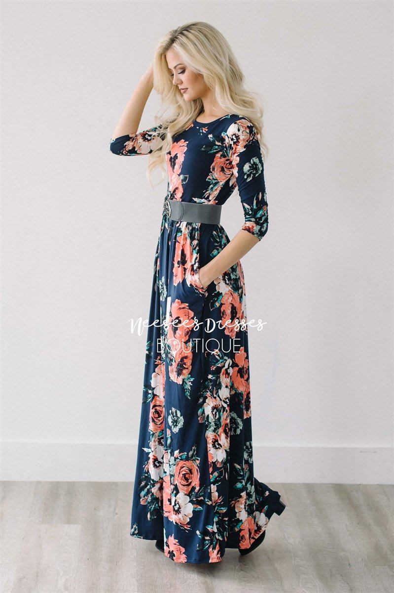 Navy Watercolor Floral Maxi Dress Modest Dresses vendor-unknown