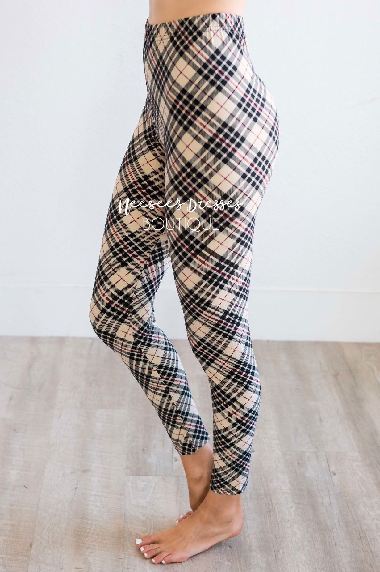 Beige Black & Burgundy Plaid Leggings Accessories & Shoes vendor-unknown