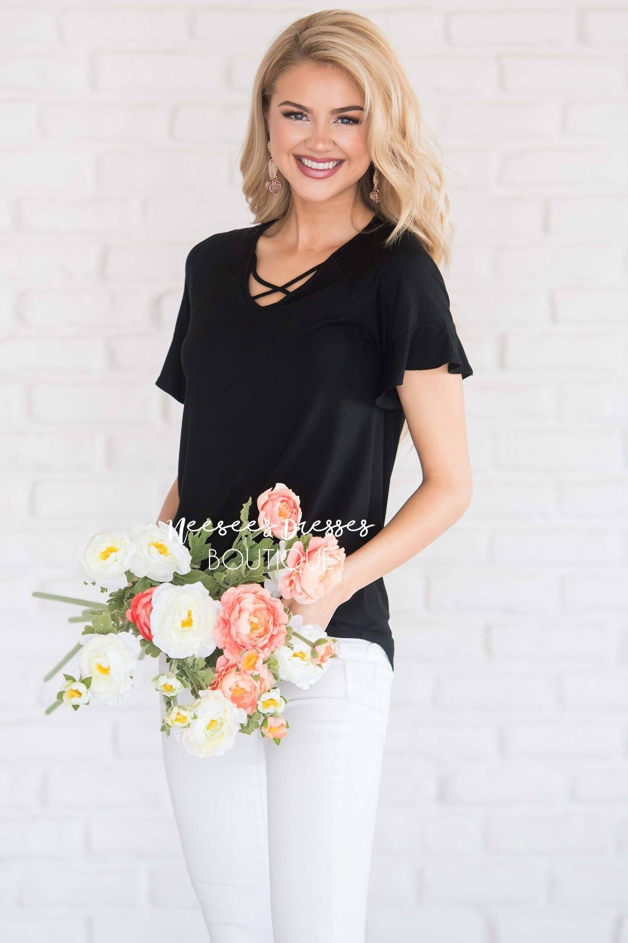 Criss Cross Flutter Sleeve Top Tops vendor-unknown