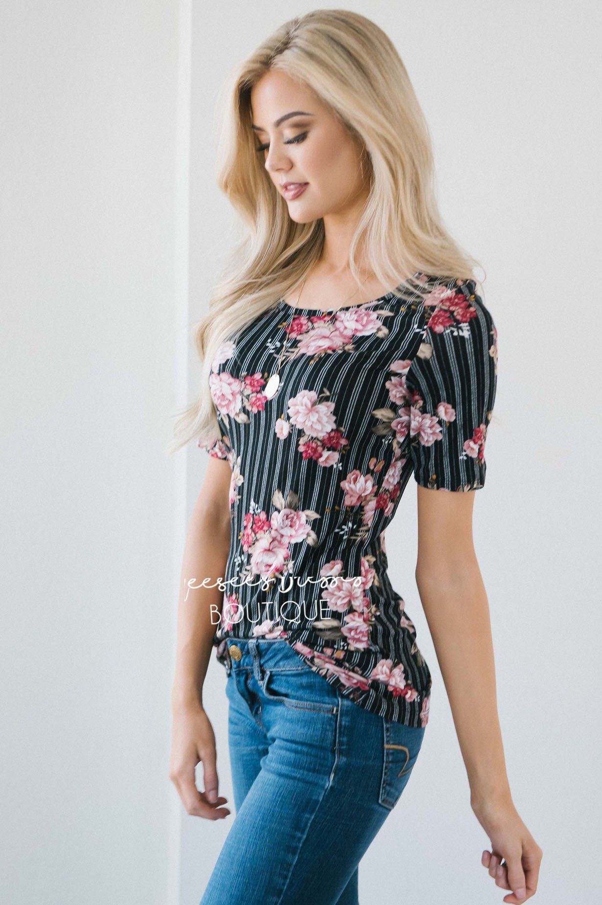Black Pinstripe Floral Scoop Neck Top Tops vendor-unknown